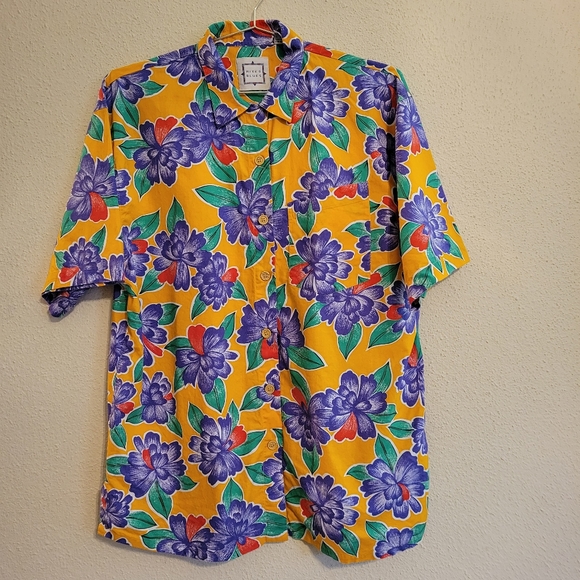 Vintage Mixed Blues tropical floral button-down top size large - Picture 1 of 10
